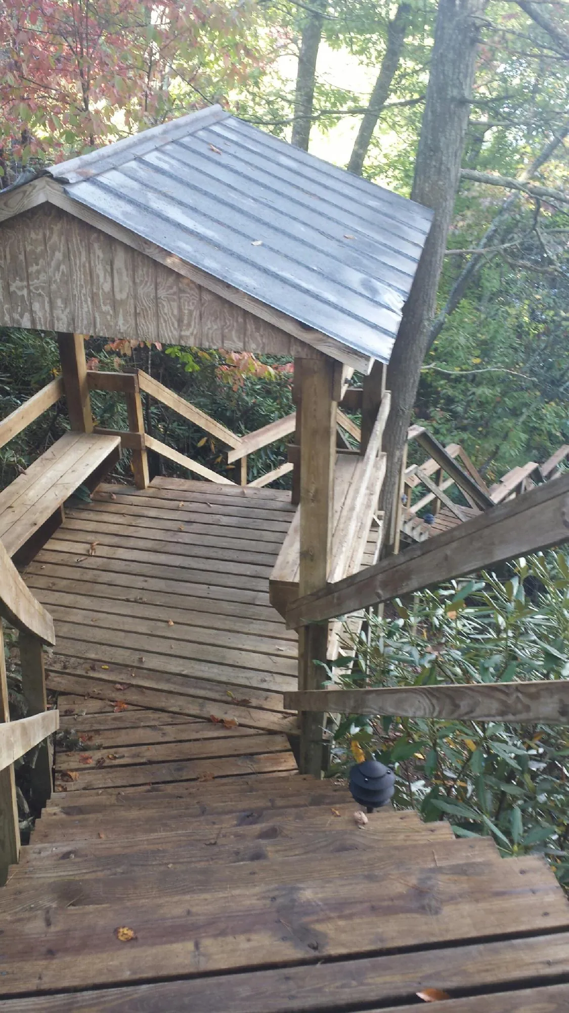 Metal roofed shelter over wooden steps on a wooded walkway — Skylight Repair & Installation work by our crew in Grantham